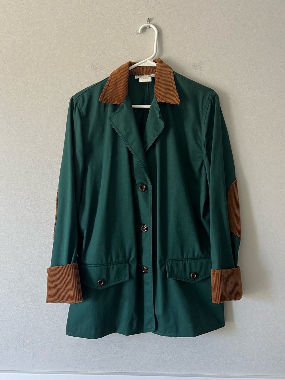Vintage Green Barn Coat Jacket Corduroy Collar Elbow Patches Preppy Small